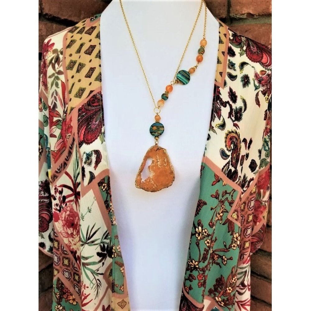 Artisan Necklace. Geode. Asymmetrical. Teal, Ochre, Gold, Beaded. Custom.
